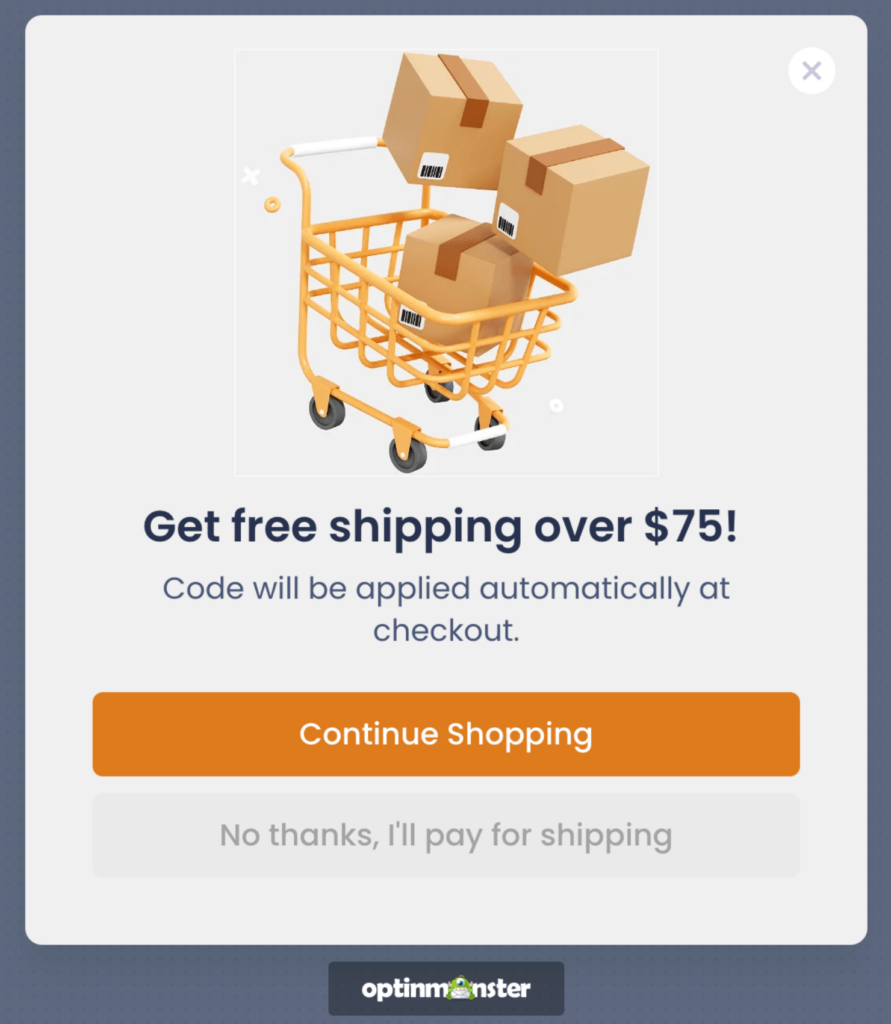 age verification_free shipping 2-min - OptinMonster Website popup that says "Get free shipping over !" Code will be applied automatically at checkout.
