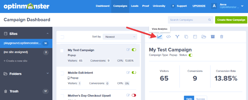 analytics button - OptinMonster