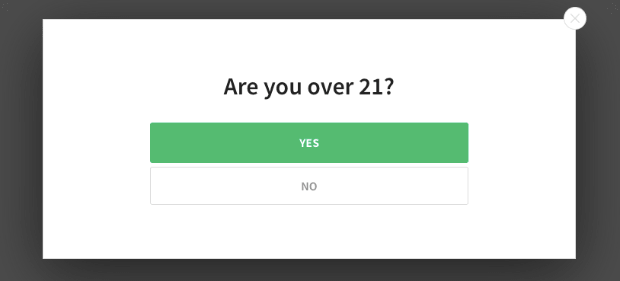 Are you over 21 example campaign-min - OptinMonster Are you over 21 example campaign. It says "Are you over 21" had Yes and No buttons.