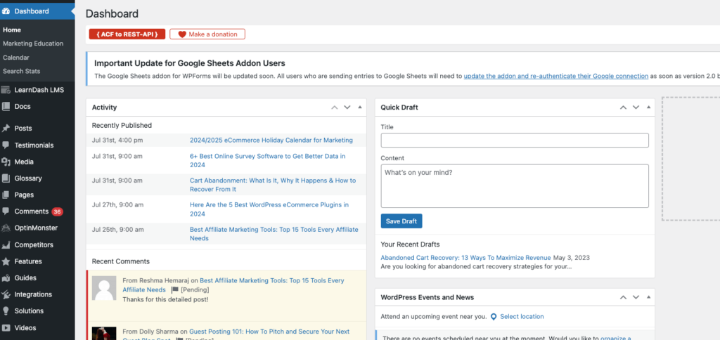 best-website-builder-for-small-business-WordPress-Dashboard-Word - OptinMonster