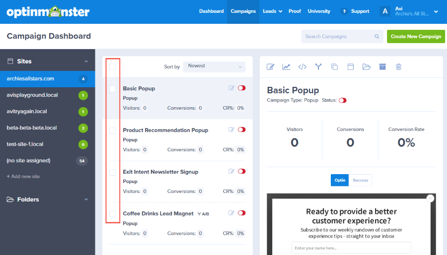 bulk select checkboxes - OptinMonster