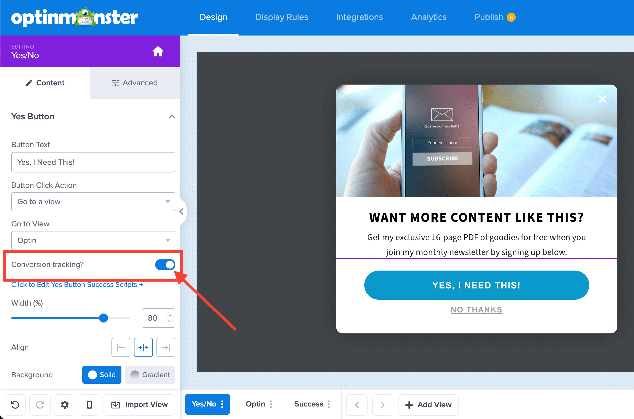 Button Conversion - OptinMonster Enable conversion tracking for button