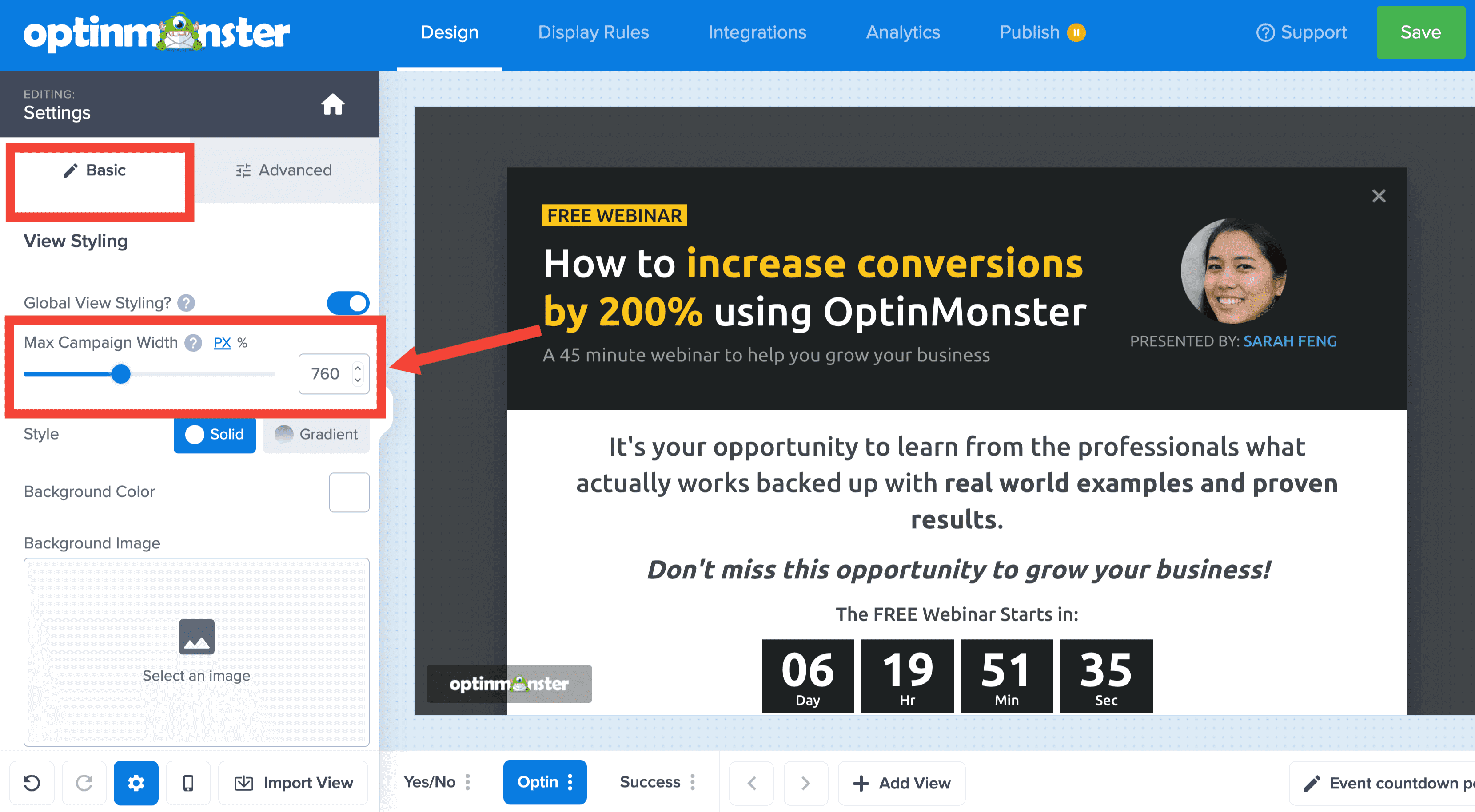 delete column contents canvas - OptinMonster change campaign width