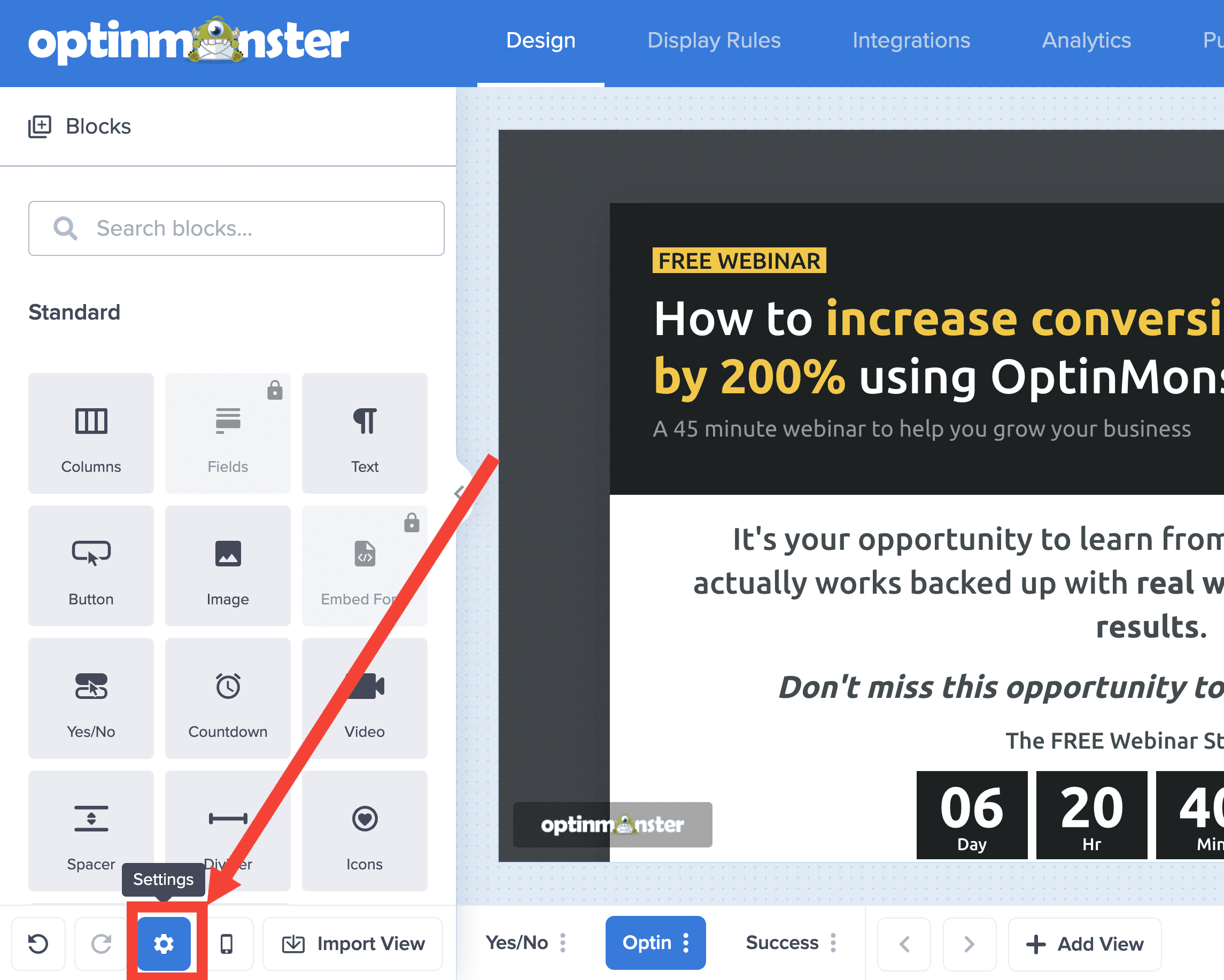 delete column contents canvas - OptinMonster click settings gear