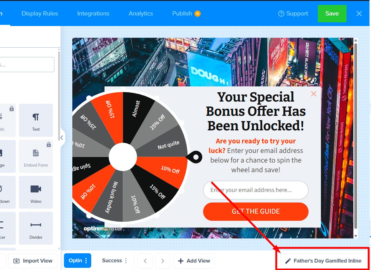 click_edit_campaign_in_bottom_toolbar_7 - OptinMonster Clicking the 'Campaign Details' link in the bottom toolbar of the builder.