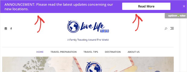 Company updates welcome message-min - OptinMonster A welcome message floating bar that shows company updates. It says "ANNOUNCEMENT: Please read the latest updates concerning our new locations." There's a CTA button that says "Read More"