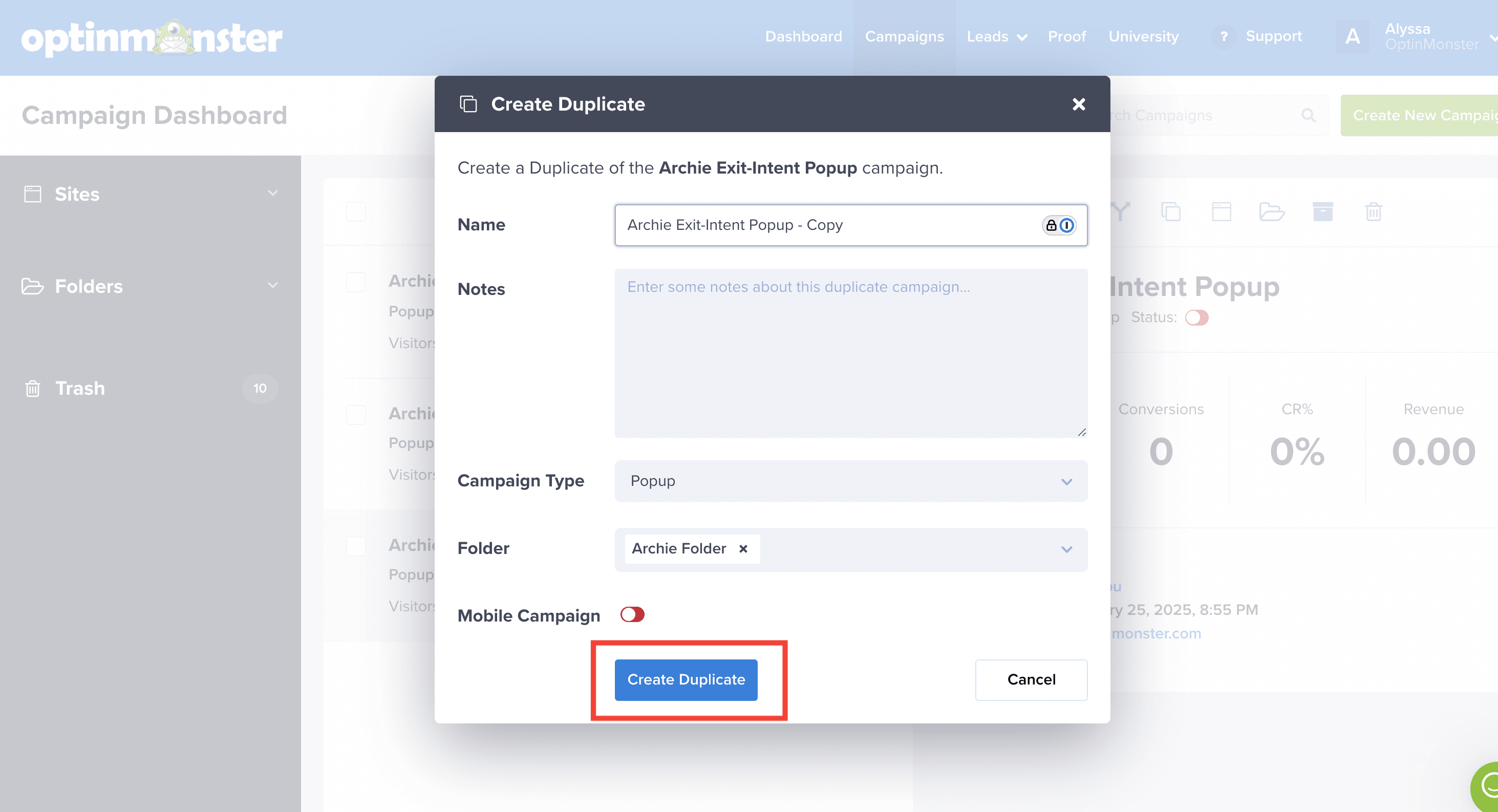 Create Duplicate - OptinMonster