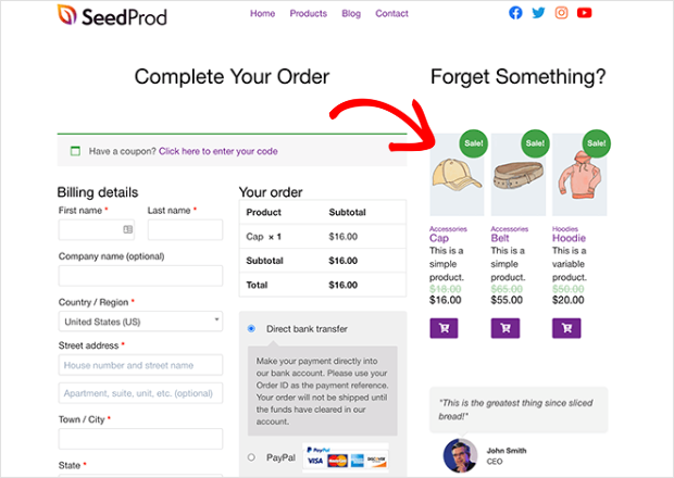 custom-woocommerce-checkout-page-products - OptinMonster display product recommendations with seedprod