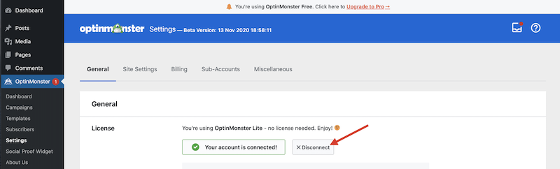 Visit Settings to disconnect OptinMonster - OptinMonster Visit Settings to disconnect OptinMonster