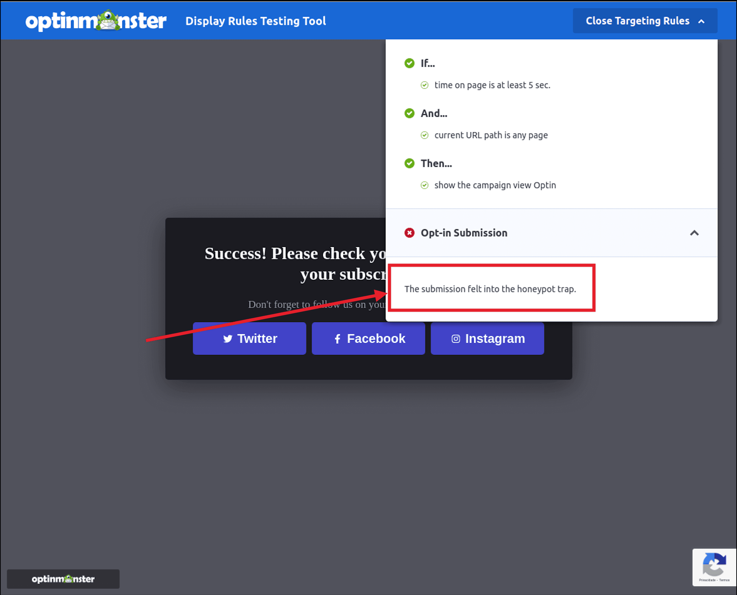 Display_Rules_Testing_Tool_Honeypot - OptinMonster Display Rules Testing Tool Screen with Honeypot Validation