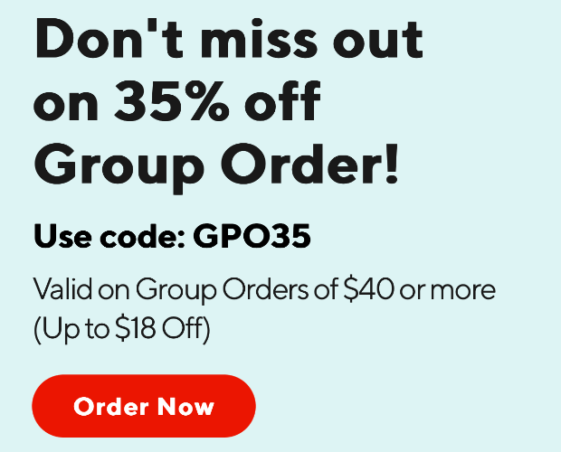 door-dash-mobile-email-example - OptinMonster Mobile email from DoorDash. It says in large text "Don't miss out on 35% off Group Order!" Then there is a coupon code and a large red CTA button that says "Order Now."