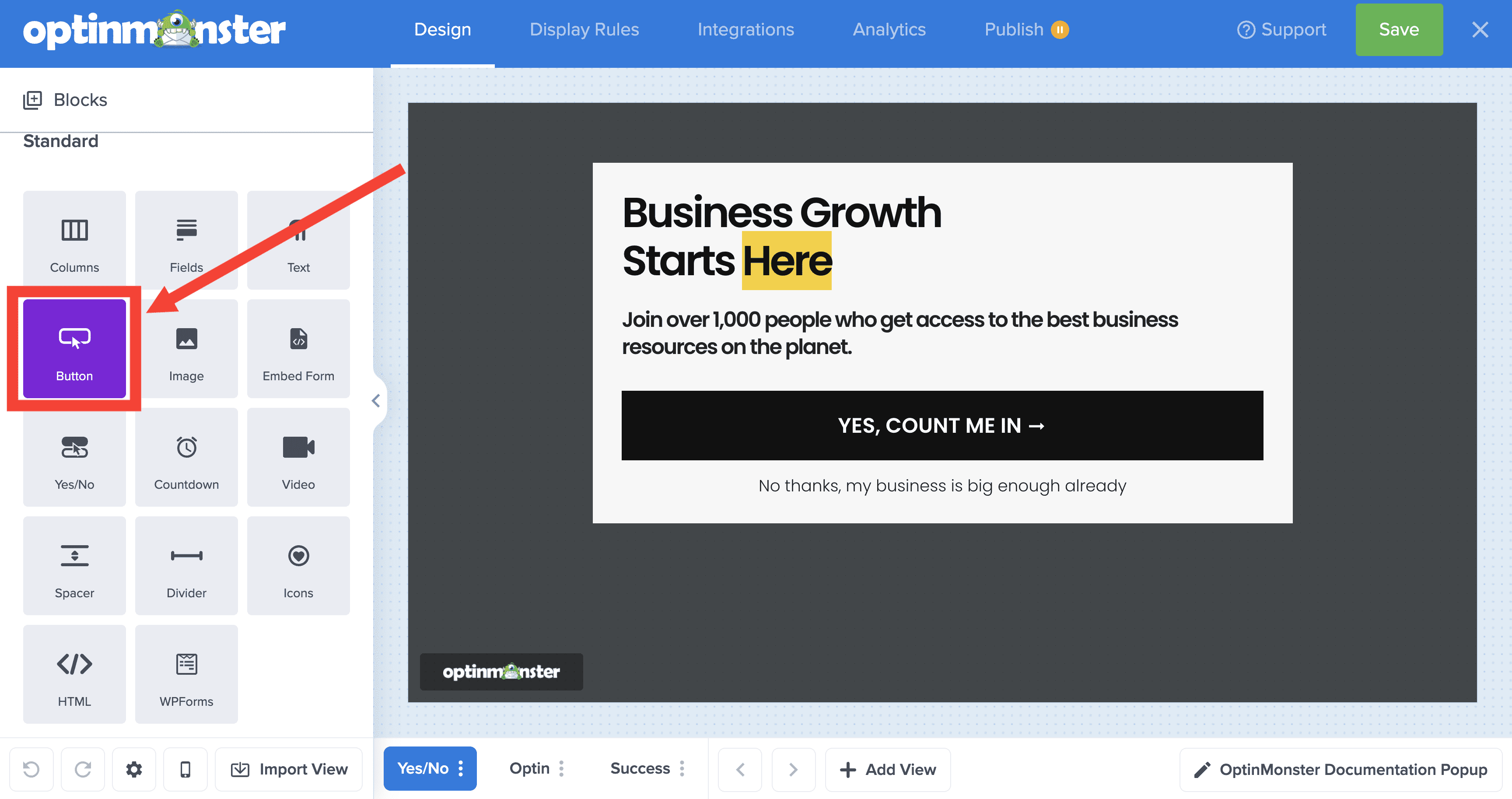 delete column contents canvas - OptinMonster drag and drop button block