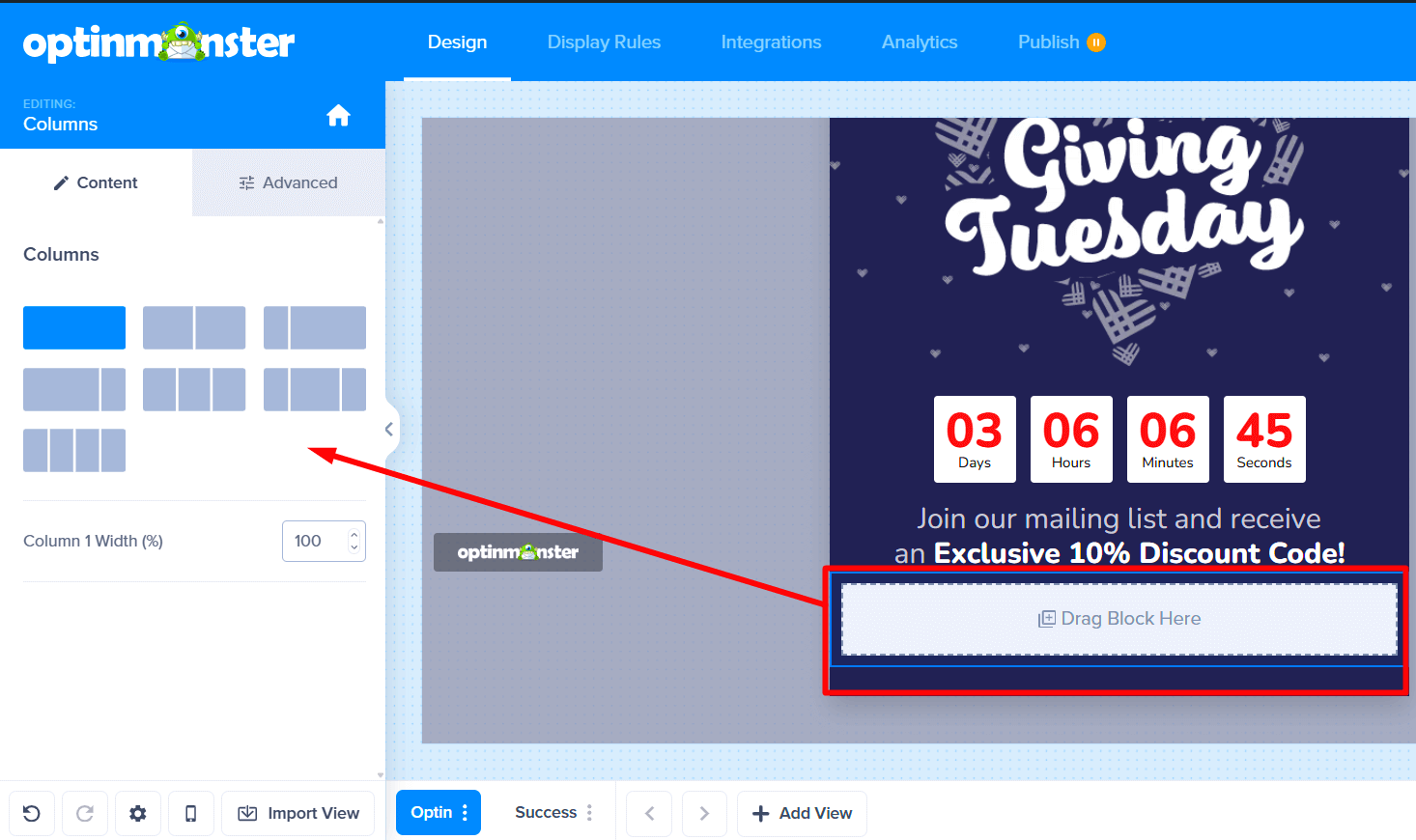 The campaign template with a new, empty Columns block added to the design.