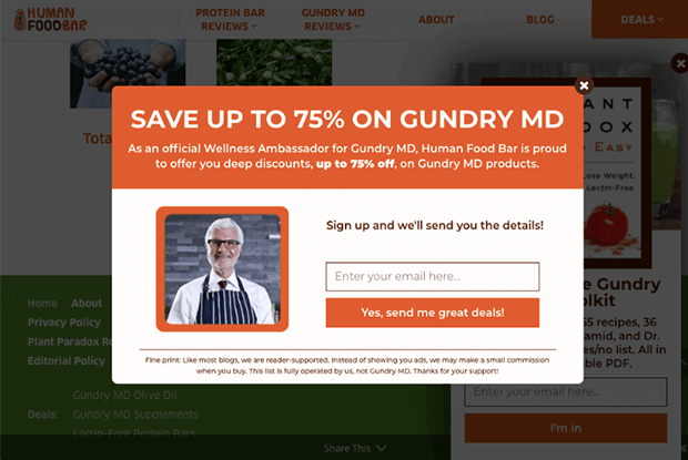 human-bar-food-popup - OptinMonster Human Food Bar's email popup that offers 75% off Gundry MD products in exchange for an eemail address.
