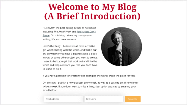 jeff-goins-about-page-email-signup-form - OptinMonster Jeff Goins' about me page. It has a header, headshot photo, a few paragraphs, and an email signup form.