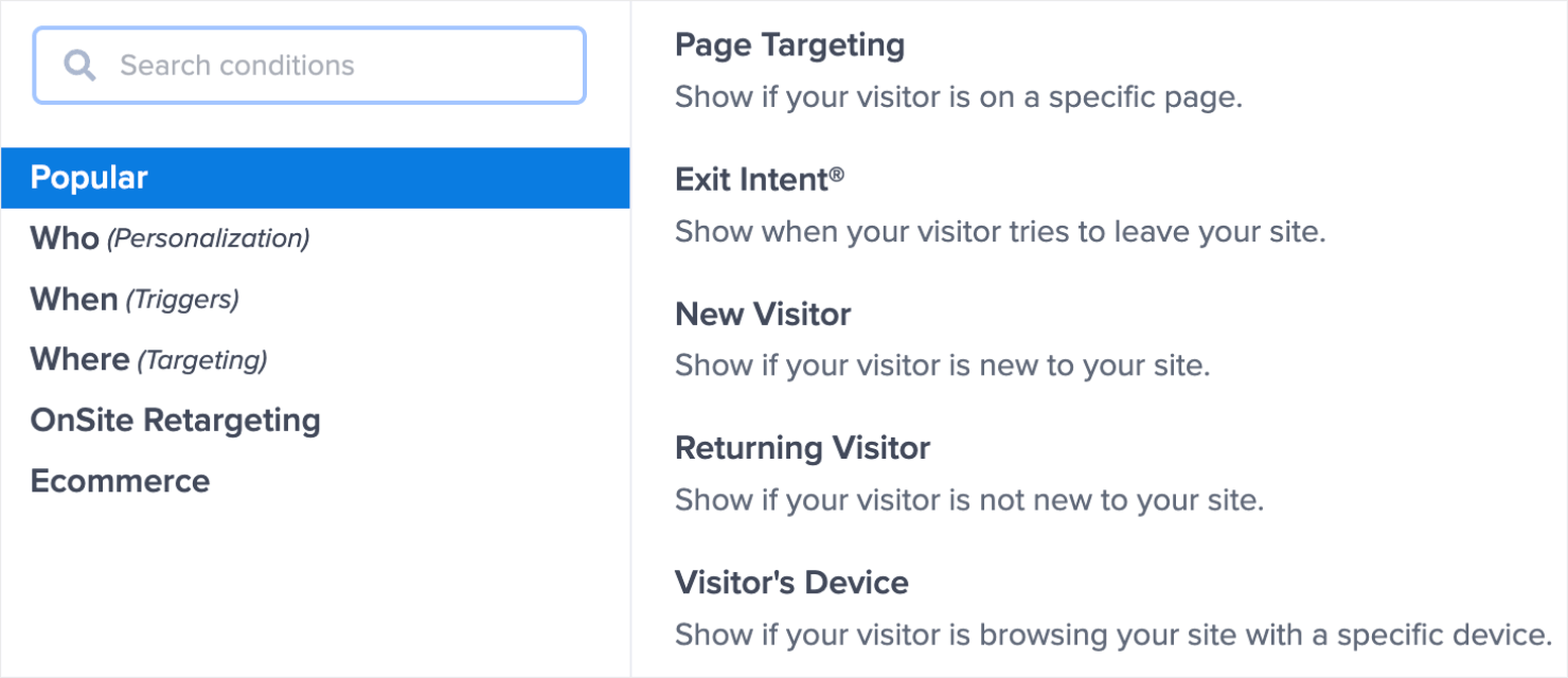 mailchimp_om display rules-min - OptinMonster OptinMonster's display rules, showing options such as Page Targeting, Exit Intent®, New Visitor, Returning Visitor, and Visitor's Device.