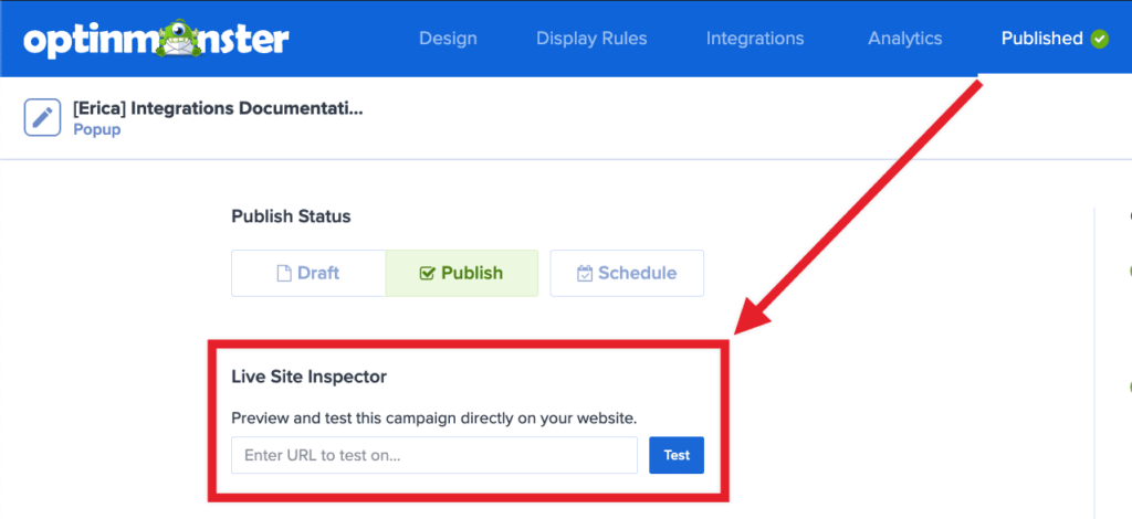 Live Site Inspector field in the OptinMonster campaign builder. - OptinMonster Live Site Inspector field in the OptinMonster campaign builder.