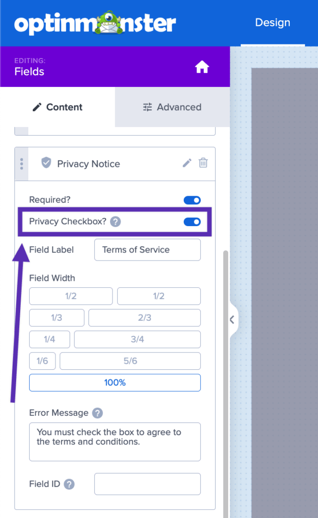 Enable the checkbox option for the Privacy Notice. - OptinMonster Enable the checkbox option for the Privacy Notice.