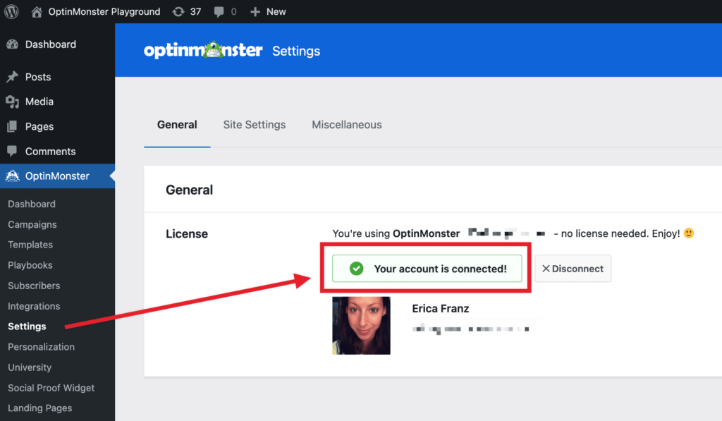 OptinMonster settings confirming the account connected to WordPress - OptinMonster OptinMonster settings confirming the account connected to WordPress