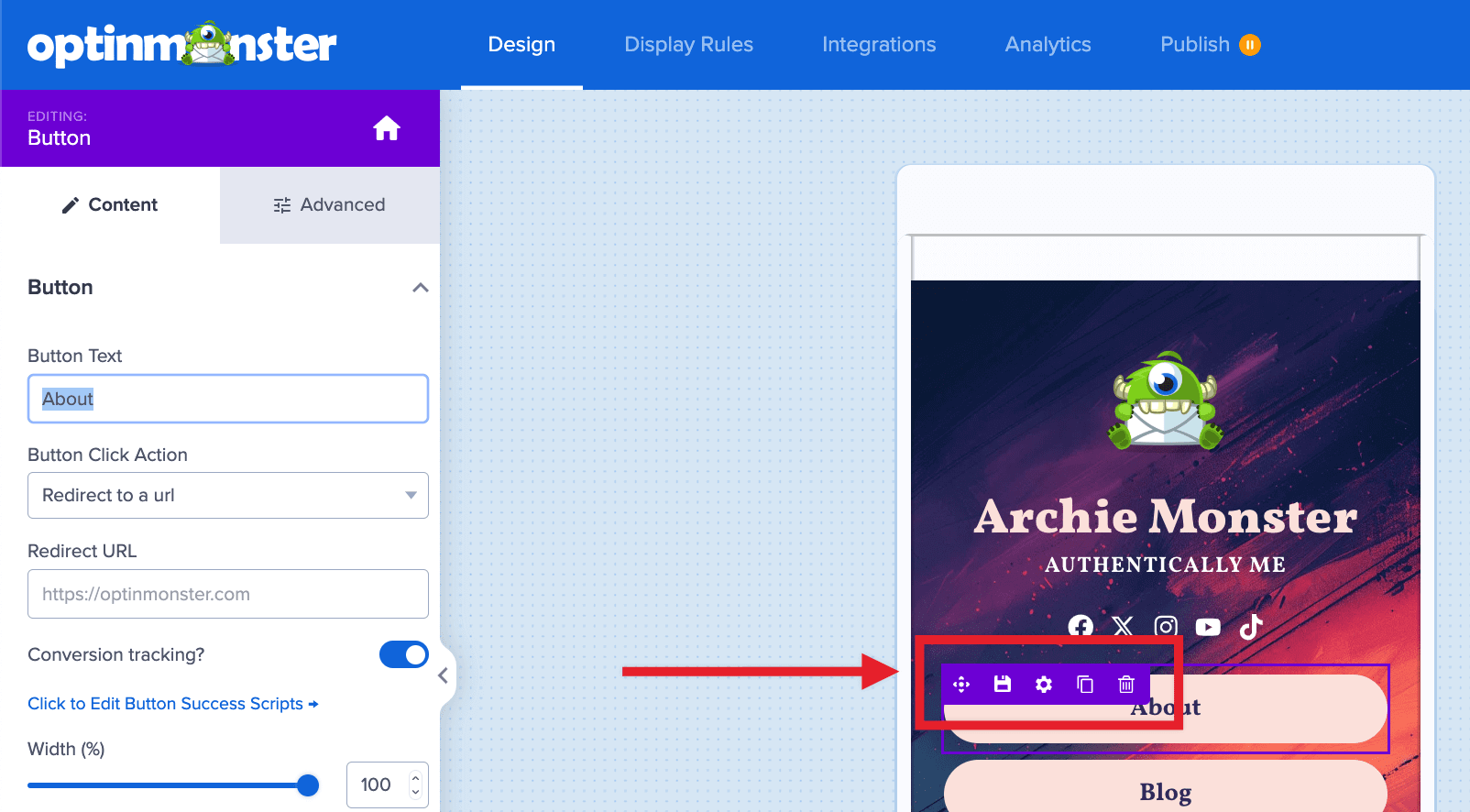 Manage your individual button blocks in OptinMonster. - OptinMonster