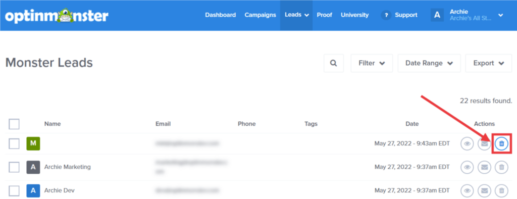 monster leads delete lead - OptinMonster