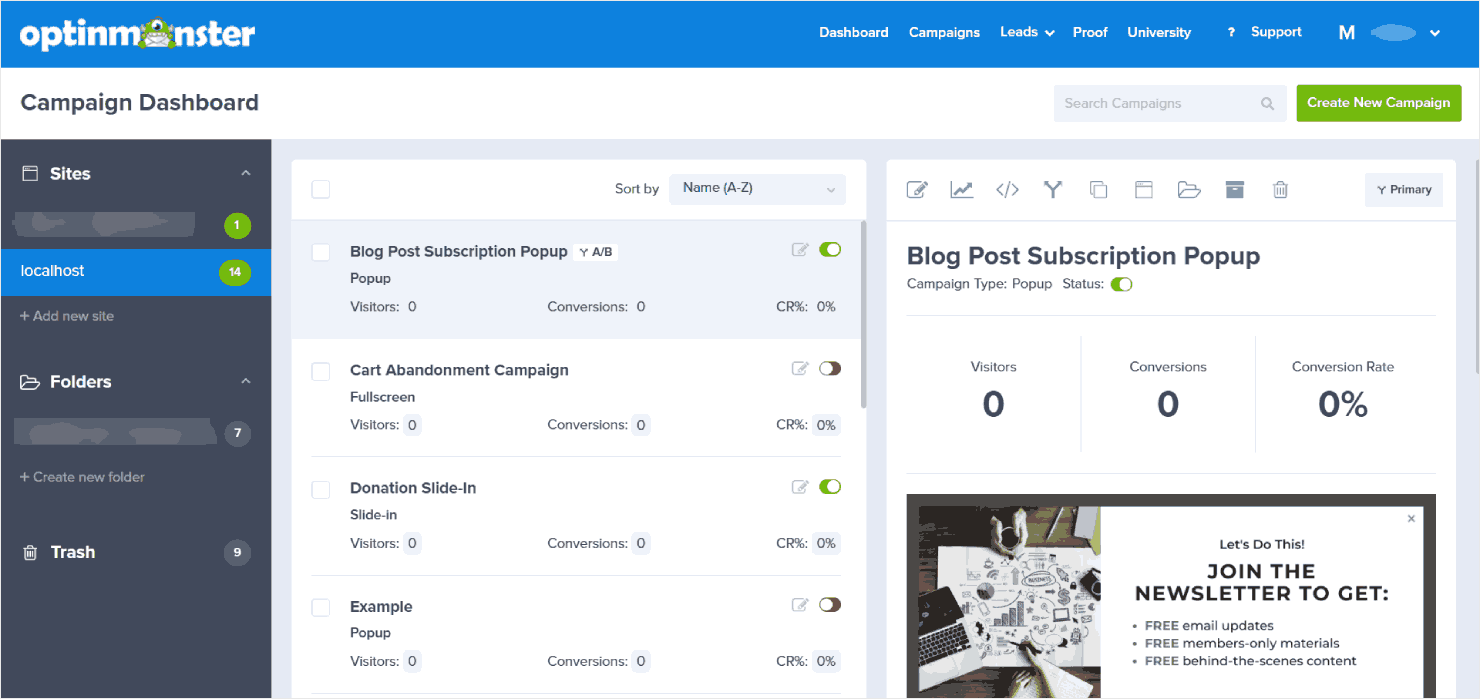 OptinMonster's campaign dashboard - OptinMonster OptinMonster's campaign dashboard