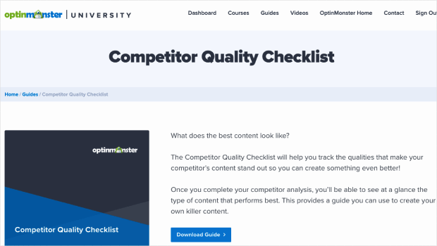 optinmonster-checklist-type-of-content-marketing - OptinMonster Screenshot of the OptinMonster University page for our "Competitor Quality Checklist" download