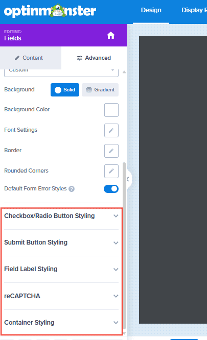 other-form-styling - OptinMonster Access styling options for Submit button, Radio/Checkboxes, Container styling and reCaptcha options