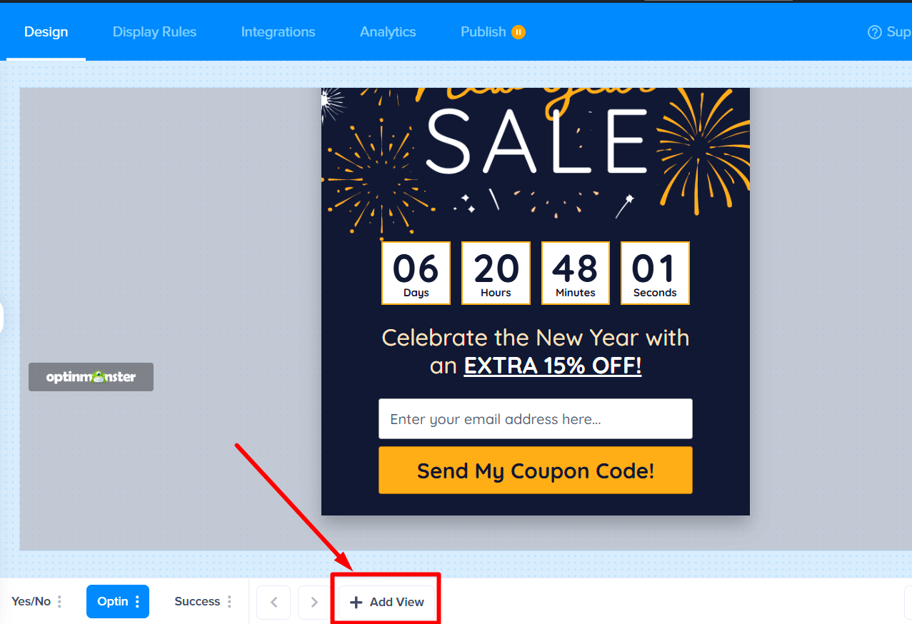 p3 - OptinMonster Creating a new view for a progressive form by clicking the '+ Add View' button in the OptinMonster footer