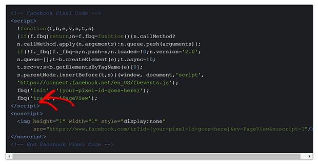 Pixel-Base-Code-Standard-Event - OptinMonster Screenshot of the pixel base code with the insertion point marked with a red arrow