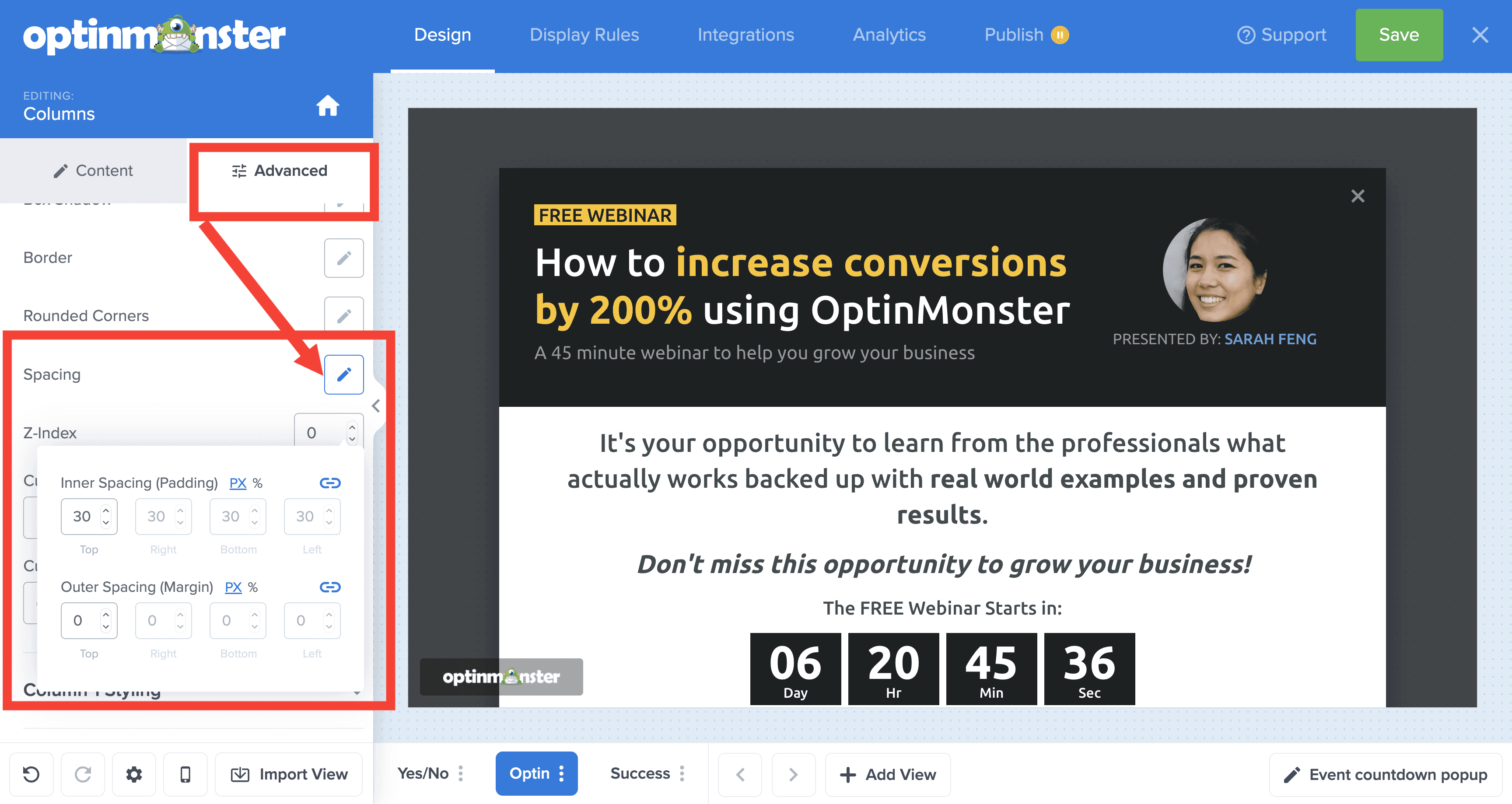 delete column contents canvas - OptinMonster row advanced spacing inner outer settings