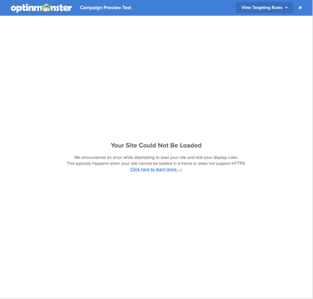 Test on Page feature in OptinMonster warning site couldn't be loaded. - OptinMonster Test on Page feature in OptinMonster warning site couldn't be loaded.