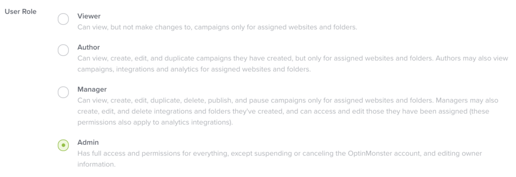 Admin Sub-Account User Role in OptinMonster - OptinMonster Admin Sub-Account User Role in OptinMonster