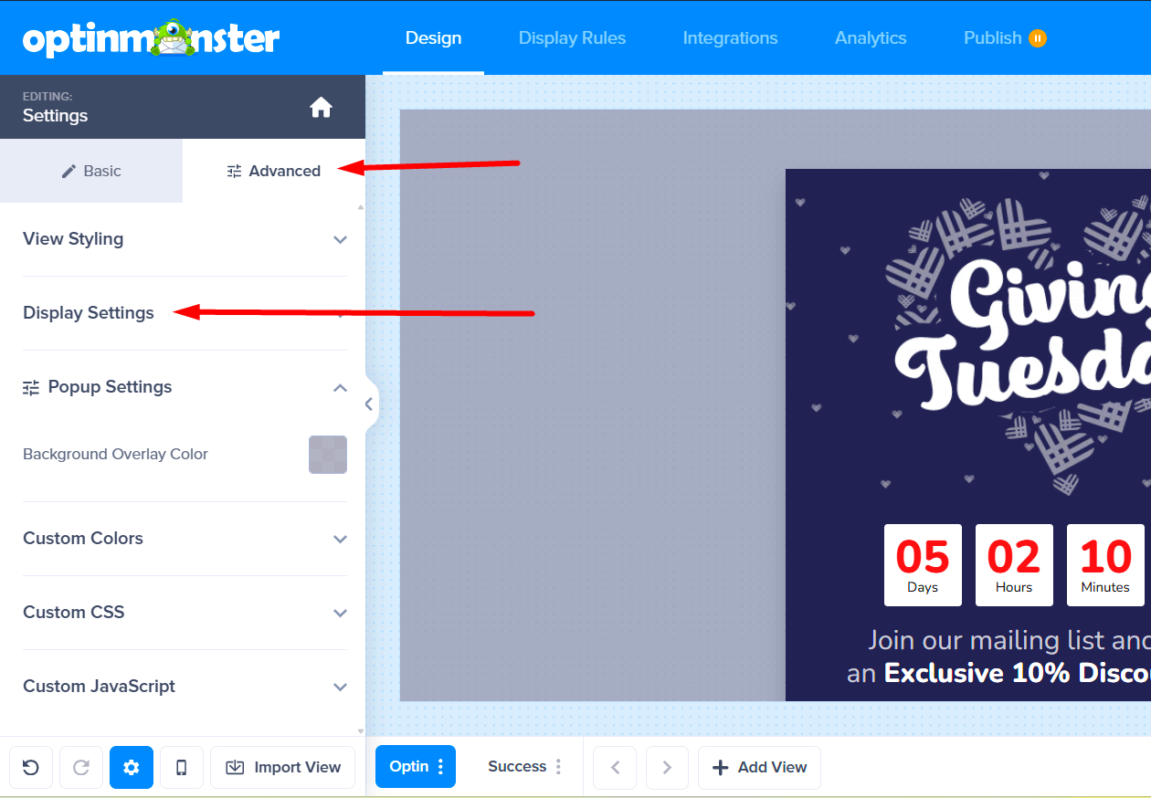 Screenshot_49 - OptinMonster Advanced tab with Display Settings expanded in OptinMonster.