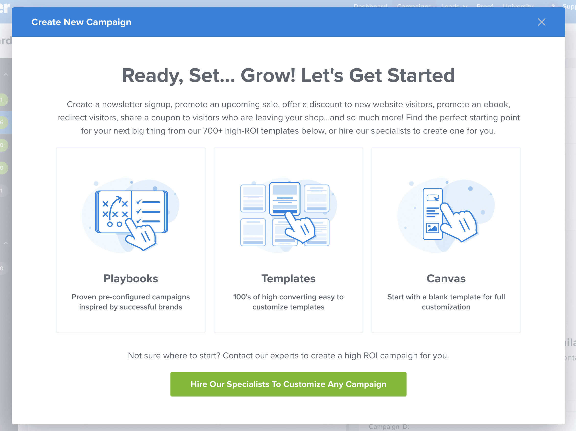 delete column contents canvas - OptinMonster Select Playbooks when creating a new campaign in OptinMonster