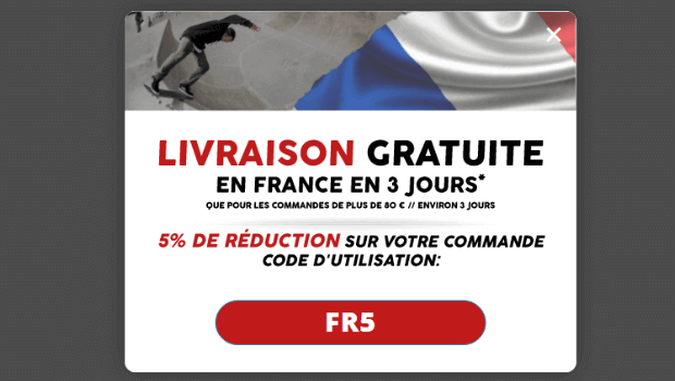 Skates.co.uk lightbox pop, geotargeted for France. In French, it says that 3-day shipping is available to France. - OptinMonster Skates.co.uk lightbox pop, geotargeted for France. In French, it says that 3-day shipping is available to France.