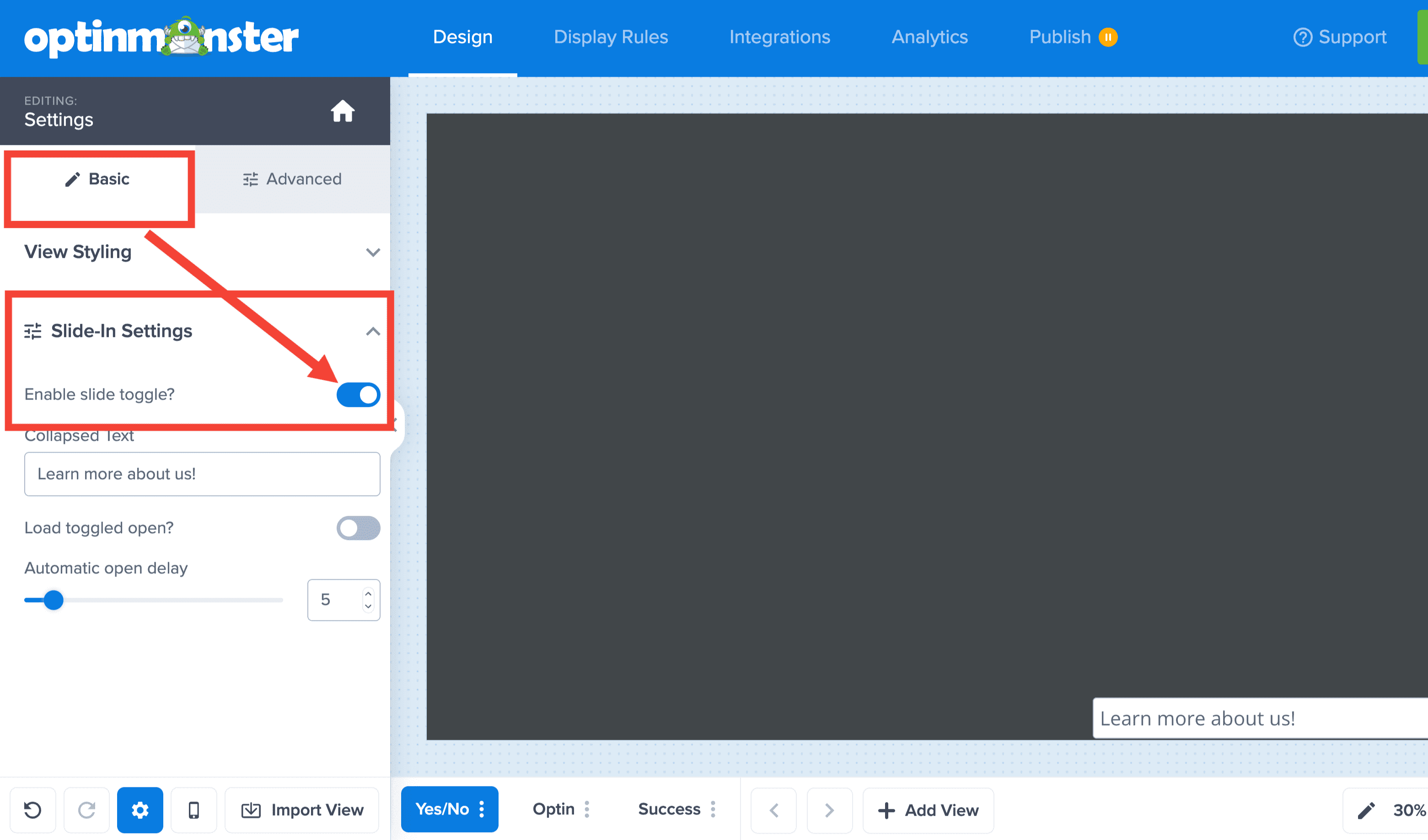delete column contents canvas - OptinMonster slidein basic settings slide toggle on