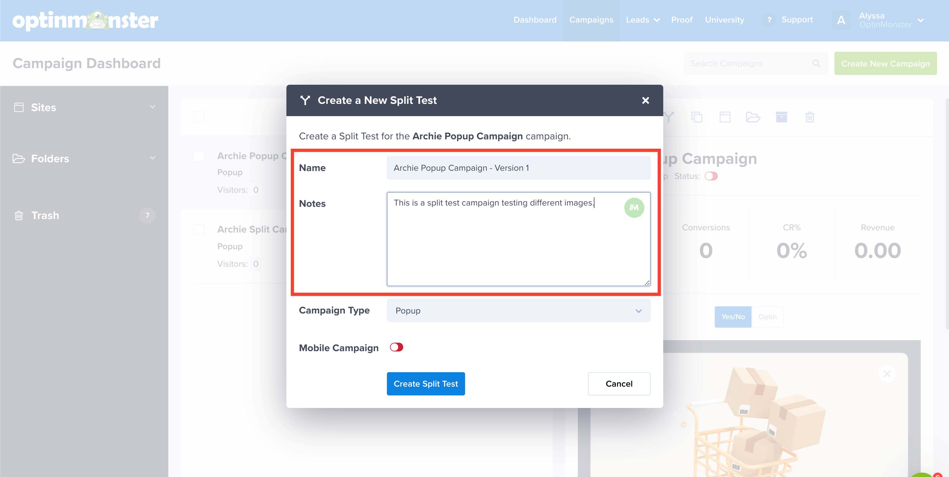 Add Split Testing Notes - OptinMonster