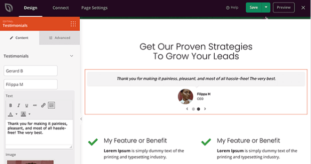 Testimonial block in SeedProd - OptinMonster Testimonial block in SeedProd