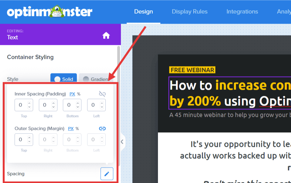 text inner and outer spacing - OptinMonster
