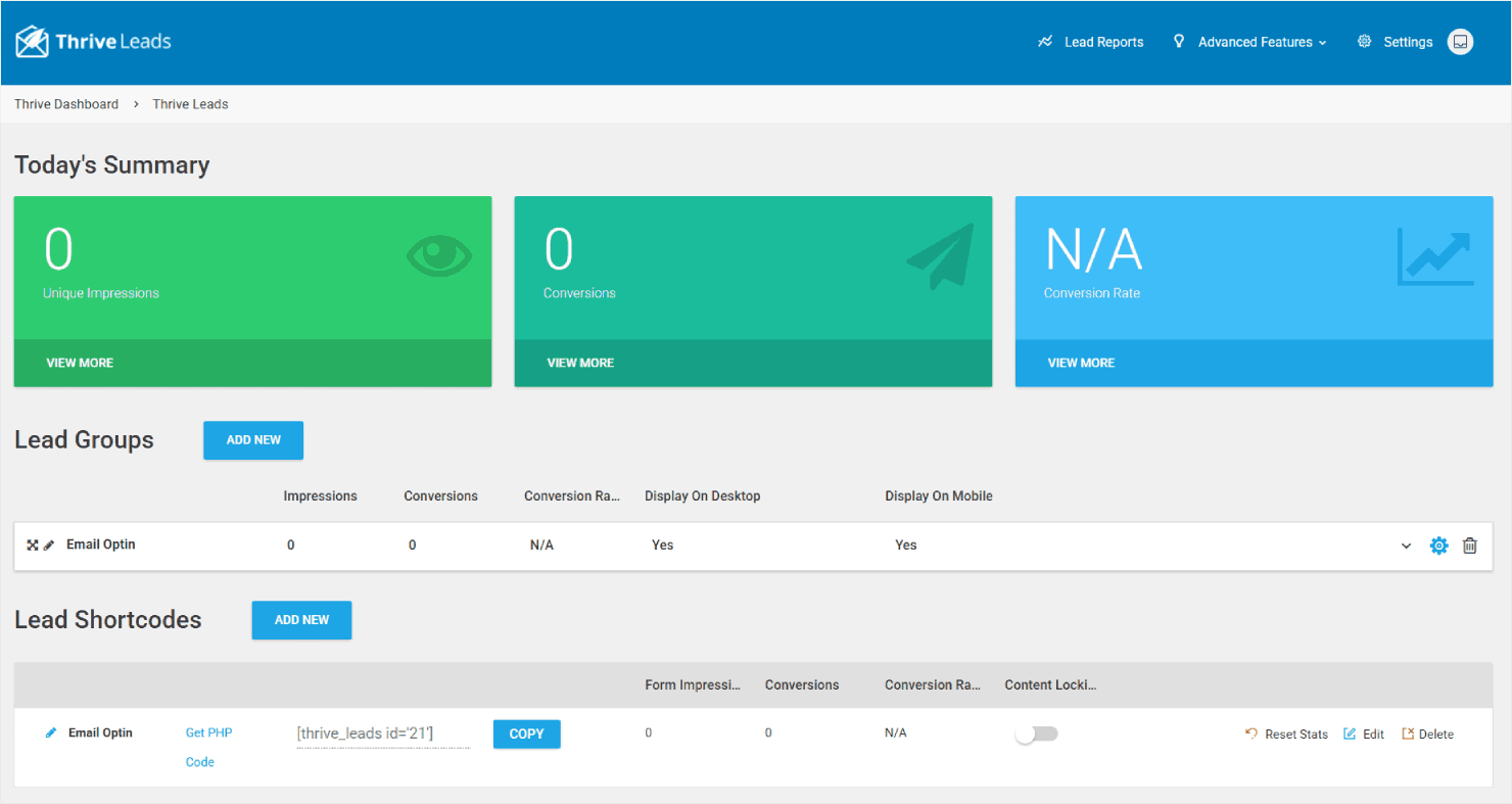 Thrive Leads' dashboard - OptinMonster Thrive Leads' dashboard