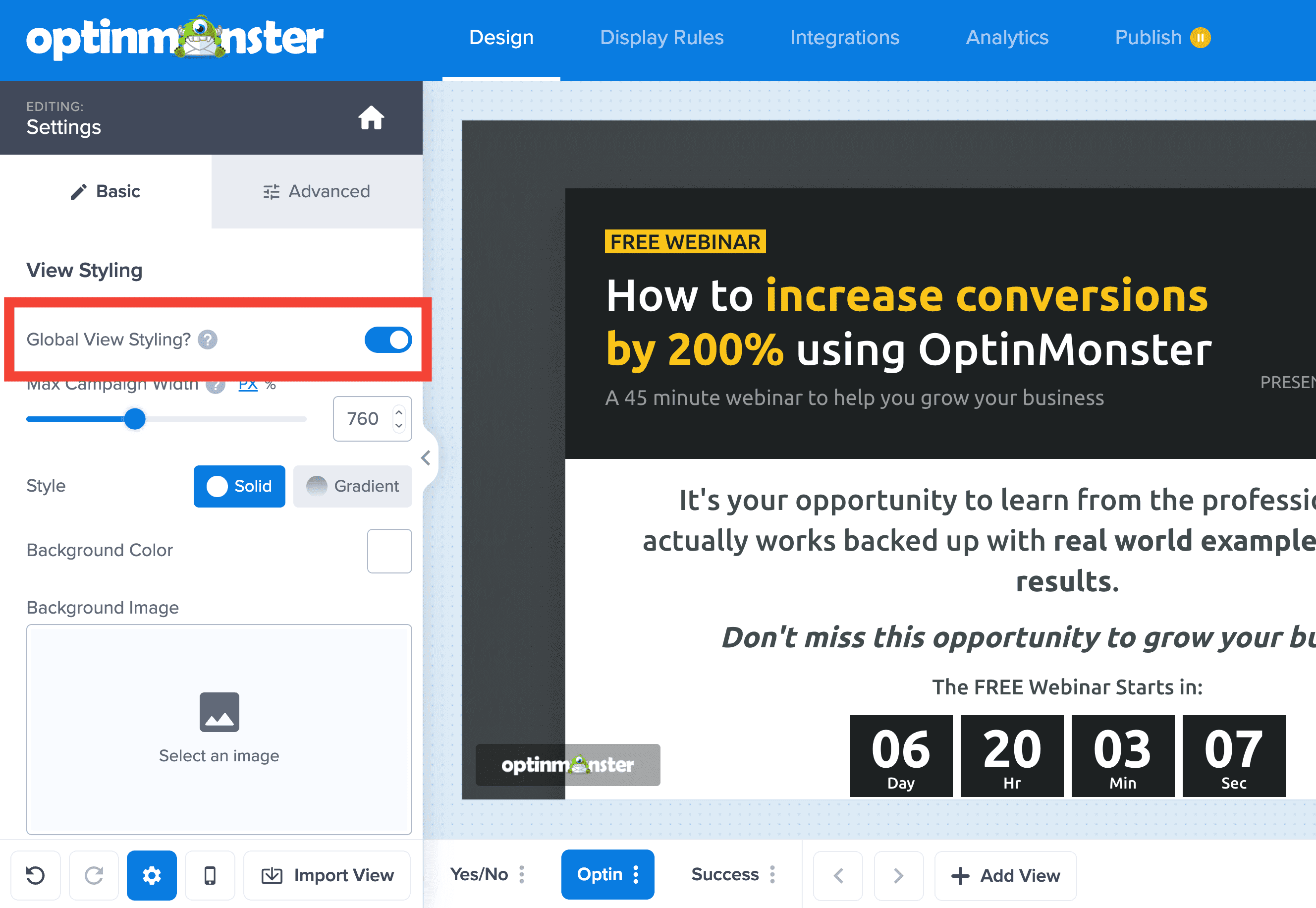 delete column contents canvas - OptinMonster toggle global view styling