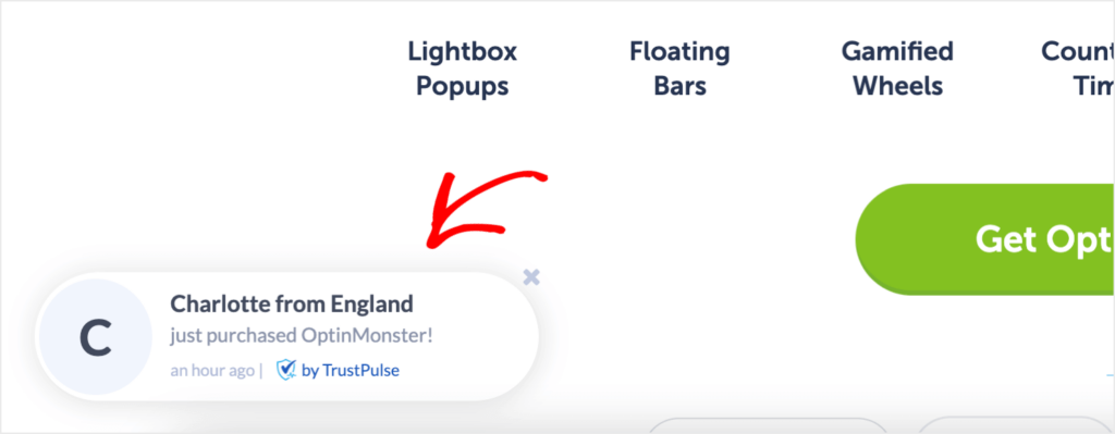 trustpulse-notification-optinmonster-site - OptinMonster A TrustPulse notification on OptinMonster's website. It says "Charlotte from England just purchased OptinMonster!" Smaller, gray text says "an hour ago."